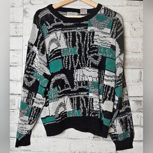 Vintage 80s Celebrity Club Wool Blend Abstract Knit Crewneck Sweater Large
